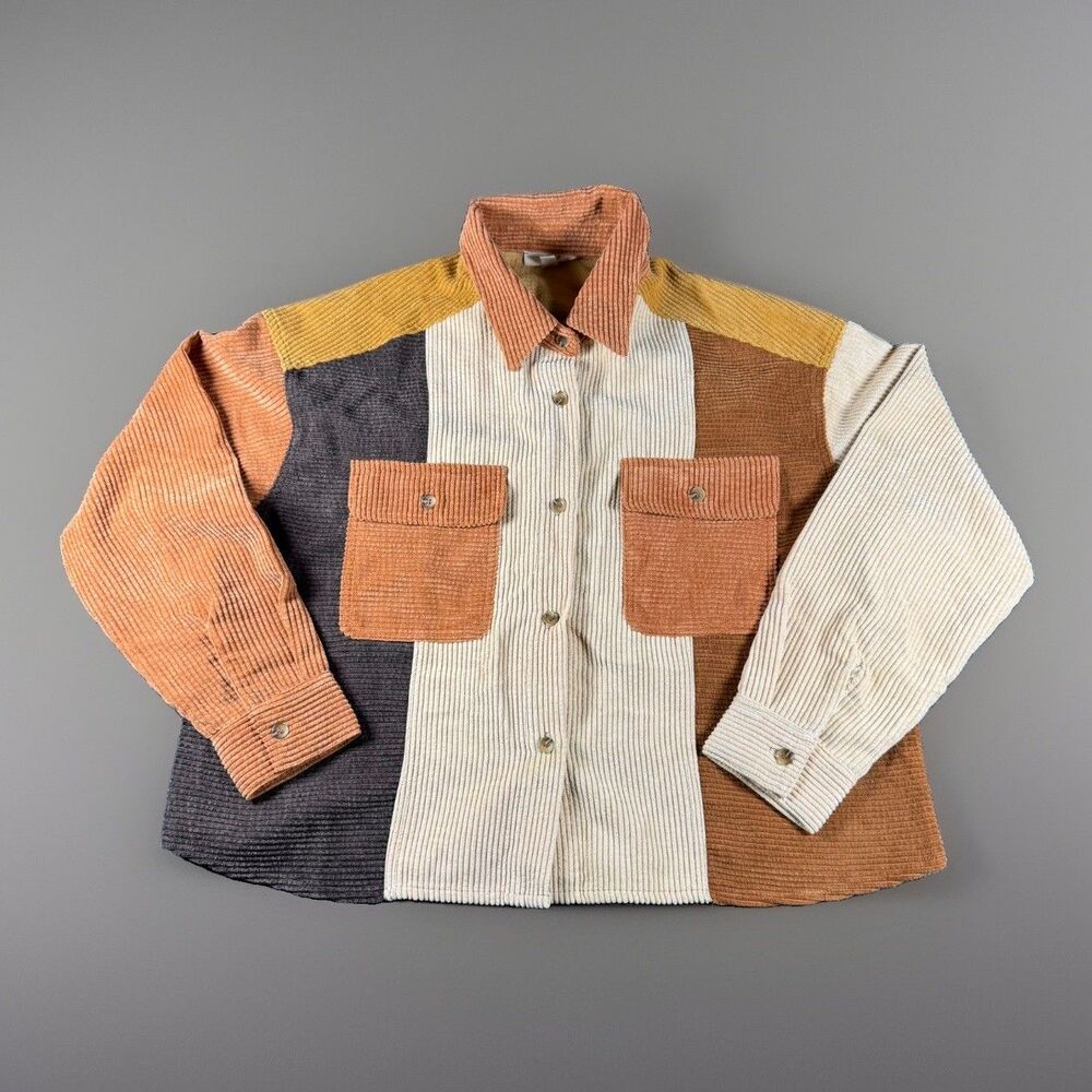 Easel Los Angeles Oversized Patchwork Corduroy Shacket Small Brown Rust Beige